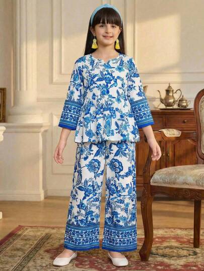 SHEIN Maglietta a maniche lunghe con stampa floreale in tessuto intrecciato elegante e classico dello stile mediorientale per ragazze, abbinata a una versione lunga e ampia, comoda per primavera, estate e autunno, adatta per pendolarismo quotidiano, attività all'aperto e servizi fotografici