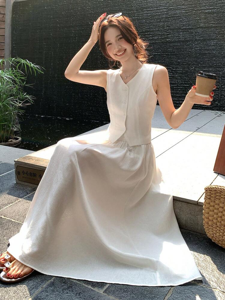 Women's Solid Color Collar Two Pieces Vacation Set