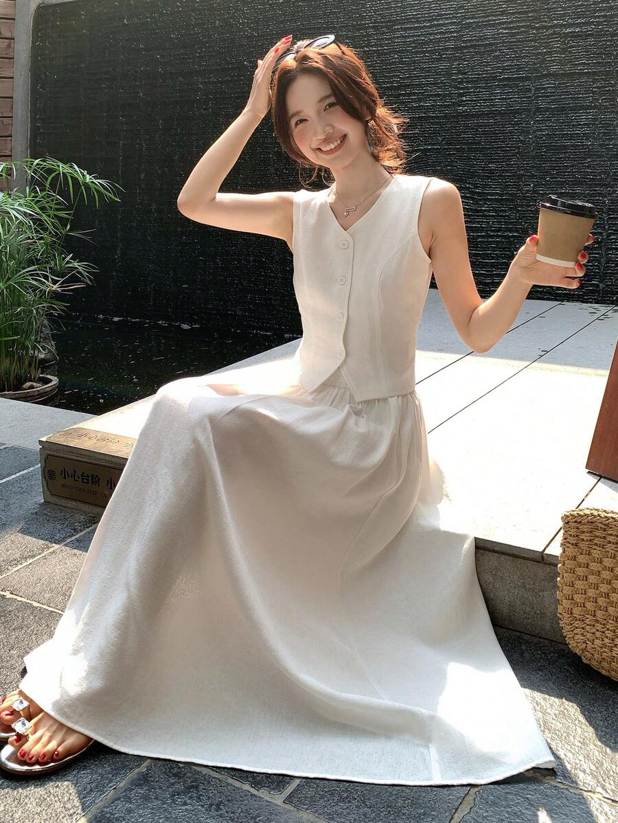 DAZY Women's Solid Color Collar Two Pieces Vacation Set - White - View 1