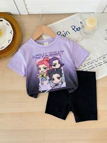 SHEIN 2件套女婴针织可爱渐变色圆领T恤和短裤套装 - 彩色 - 查看 3