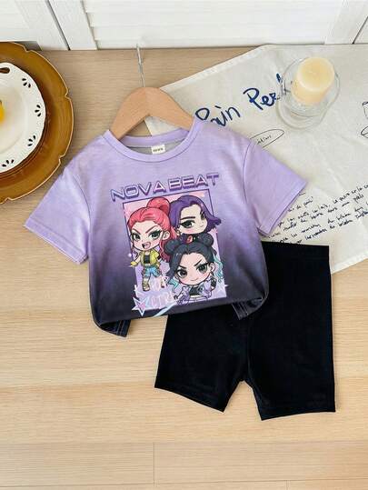 SHEIN 2件套女婴针织可爱渐变色圆领T恤和短裤套装