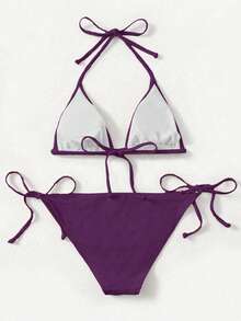 SHEIN Swim Bộ bikini buộc dây cổ màu trơn gợi cảm dành cho nữ, thích hợp cho mùa hè đi biển. - Màu Đỏ Sâu - Xem 2