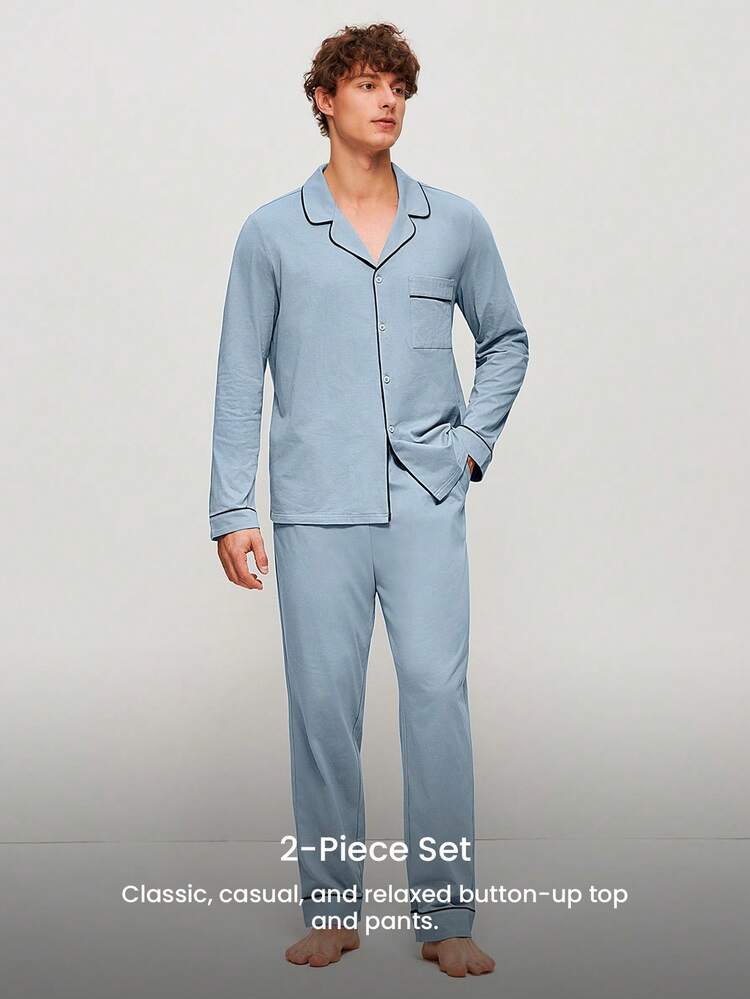 春夏 100%コットン スカイブルー ベーシック ロングボタンアップトップ&パンツ パジャマセット メンズ ラウンジウェア ポケット付きパンツ パジャマ