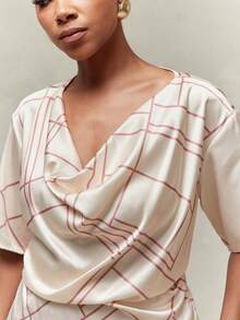 Vixey Satin Geometric Stripe Cowl Neck Drop Shoulder Short Sleeve Draped Blouse - Beige - View 5