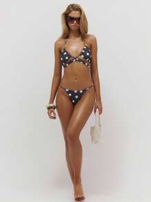 Musera Resort Top de bikini à pois style enveloppant et col halter, idéal pour l'été, la plage, les vacances et les sorties quotidiennes. Sexy et mignon, parfait pour les voyages. - Tabac - Voir 5