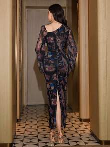 Modelyn 优雅印花不对称领口喇叭袖修身中长连衣裙，适合女士，春秋季穿着 - 彩色 - 查看 2