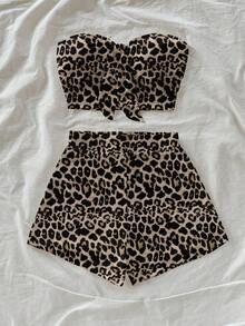 Soleia Bộ đồ 2 món dành cho nữ, kiểu dáng thường ngày, họa tiết da báo, gồm áo quây và quần short. - Nhiều màu - Xem 3