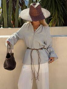 Livesso 女士条纹宽松专属春季腰带衬衫 - 黑與白 - 查看 3