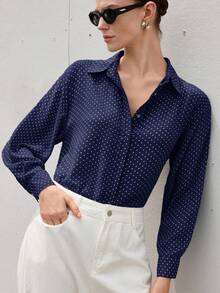 Aveloria Modichic Áo kiểu tay dài cổ bẻ bằng vải chiffon mỏng nhẹ, tối giản, dễ phối đồ, màu đen trắng chấm bi, phù hợp cho mùa xuân và mùa hè. - Màu xanh hải quân - Xem 5