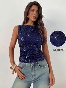 Aloruh Women's Sequin Crew Neck Sleeveless Bodycon Tank Top For Party, Christmas, New Year - Navy Blue - View 4