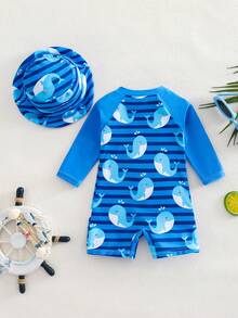 SHEIN Newborn Baby Striped Dolphin Print One-Piece Swimsuit, Beach/Holiday - Blue - View 2