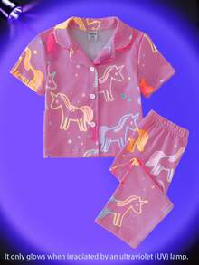 2pcs Baby Girls Lapel Cardigan Short Sleeve Pants Pajama Set, Pink Cartoon Glow-In-The-Dark Unicorn Pattern (Requires UV Light To Glow) - Pink - View 4
