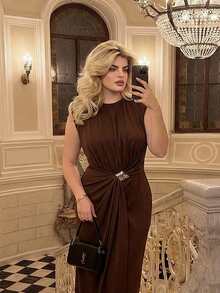 Dripcurv Brown Plus Size Long Knitted Dress For Women Sleeveless Round Neck Elegant Tank Style - Brown - View 2