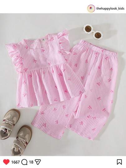 THE HAPPY LOOK 2pcs/Set Young Girl Bow Decor Round Neck Sleeveless Top And Elastic Waist Pants Set Pink Clothes Young Girls Sets Young Girl Clothes Summer Co Ord 100 Girls Clothes Pink Girls Sets Pink Outfits