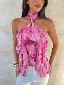 Aloruh Women's Elegant Multi-Layer Ruffle Trim Stand Collar Fitted Tank Top - Multicolor - View 6