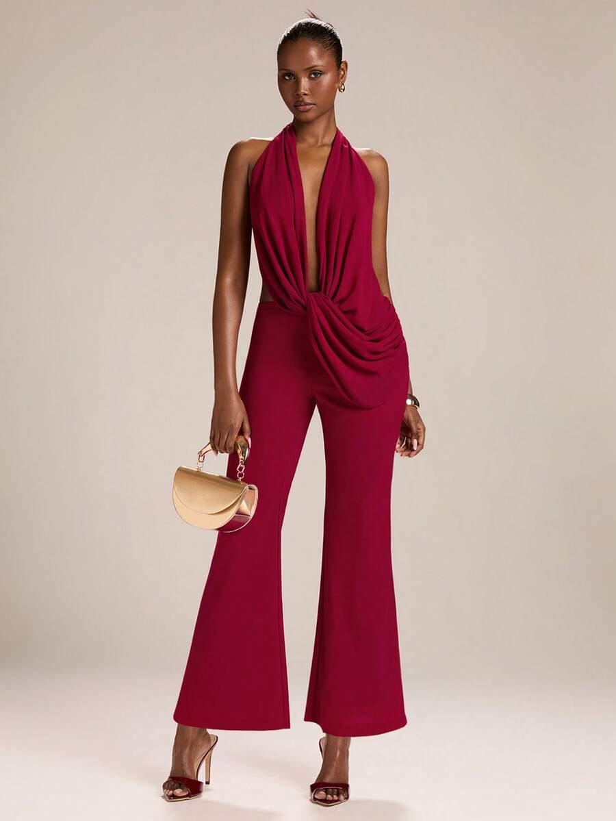 SHEIN BAE Women's Red Chiffon Patchwork Knit Tight Flare Jumpsuit, Red Jumpsuit - Red - View 1