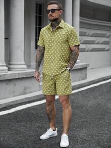 Manfinity CasualCool 男士夏季度假提花短袖纽扣衬衫短裤套装，男士复古风，日常休闲，周末旅行，户外活动，探险旅行，轻松工作环境或半正式场合，男友/丈夫礼物，周年纪念/生日礼物，派对夏季假期，婚礼，春夏交替，狂欢节，男士时尚浅绿色夏季套装，提花花卉图案短袖衬衫和抽绳短裤，男士两件套纽扣衬衫，男士花卉套装，男士两件套夏季套装，几何印花男士服装，男士衬衫套装 - 綠色 - 查看 6