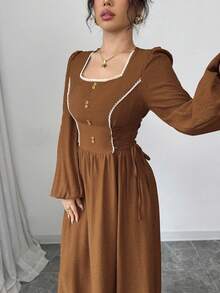 Mulvari Women's Woven Yellow Square Neck Ruffle Tie Waist Button Front Dress - Mocha Brown - View 5