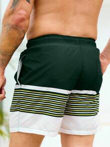 Manfinity KASUA Men's Striped Elastic Waist Drawstring Casual Beach Shorts, Versatile For Summer - Dark Green - View 2