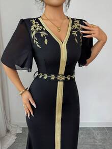 Selianne Elegant Vacation Embroidered Chiffon Ruffle Sleeve Fishtail Hem Dress For Women - Black - View 3