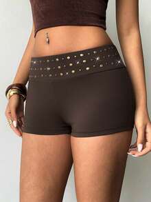 Aloruh Women's Dark Brown Hot Pants With Rivet Decoration, Seductive Micro Shorts For Night Out, Summer Music Festivals, Streetwear, Boho Chic Beach - Brown - View 5