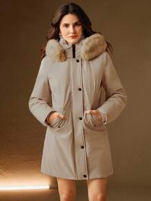 Anewsta 厚实长款蓬松毛领内衬收腰派克大衣，女式冬季夹克 - 米色 - 查看 4