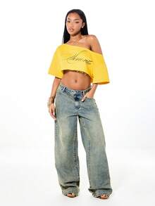 SUMWON WOMEN 露肩短款印花上衣，毛边下摆，印花长袖黄色卫衣，适合休闲周末穿着 - 黃色 - 查看 3