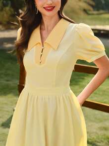 Vintamour Đầm midi cổ điển thanh lịch in hoa, tay phồng, màu vàng, ôm dáng, cổ áo phối màu tương phản, tay dài phồng, màu vàng. - Màu vàng ngỗng - Xem 8