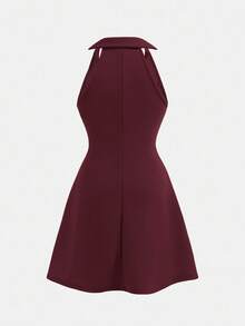 SHEIN 少女纯色V领无袖收腰修身A字连衣裙 - 酒紅色 - 查看 2