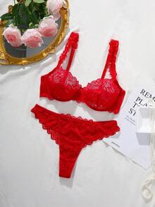 SHEIN Bộ 2 áo ngực ren gợi cảm có gọng dành cho nữ - Đỏ - Xem 6