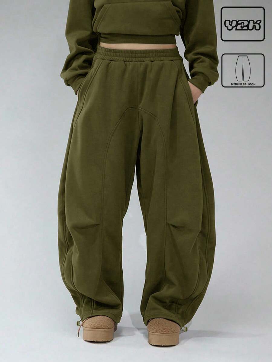 COUREZ Low Rise Baggy Balloon Joggers With Pleated Knees /Y2K Spring Clothes For Women Wide Leg Pants Woman Sweatpants For Woman Summer Outfits For Women Spring  Summer Loungewear Festival Oversized Pants Wide Leg Sweatpants Baggy Pants Concert Outfits - Army Green - View 1