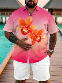 Genlund 男士大码渐变花卉印花纽扣短袖衬衫 - 粉色 - 查看 1