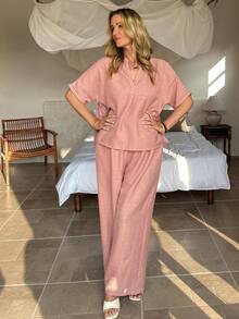 Vivie Lora Women's Pink V-Neck Loose Shirt And Wide Leg Pants 2 Pieces Set - Pink - View 3