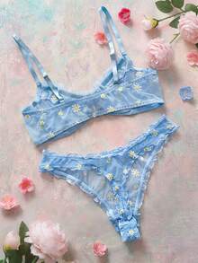 SHEIN Esselle 2pcs Plus Size Romantic Embroidery Wire Bra Lingerie Set, Lift - Blue - View 2