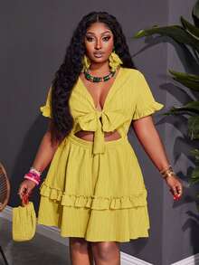 Slaydiva Plus Size Women's Mustard Yellow Summer Boho Vacation Holiday Fitted Ruffle Trim Chest Tie Front A-Line Mini Dress,Woven Textured Fabric - Yellow - View 9