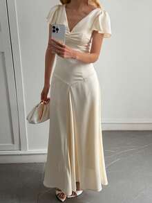 Livesso 春季V领花瓣袖伴娘婚礼宾客派对优雅收腰缎面中长连衣裙 - 淡黃色 - 查看 6