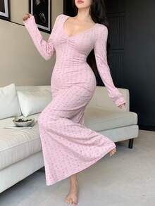 DAZY 碎花修身V领褶皱腰长款睡裙，女士家居服 - 淺粉色 - 查看 6