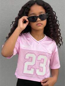 少女时尚街头风V领粉色网纱字母数字印花宽松露脐上衣/运动T恤，春夏款 - 粉色 - 查看 2