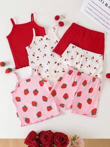 SHEIN Playful Pals 女婴舒适百搭甜美可爱吊带短裤套装，多件套夏季服装 - 彩色 - 查看 2