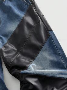 ROMWE MEN Street Life Men's Pockets Loose Wide Leg Jeans With PU Leather Patchwork - Blue - View 12