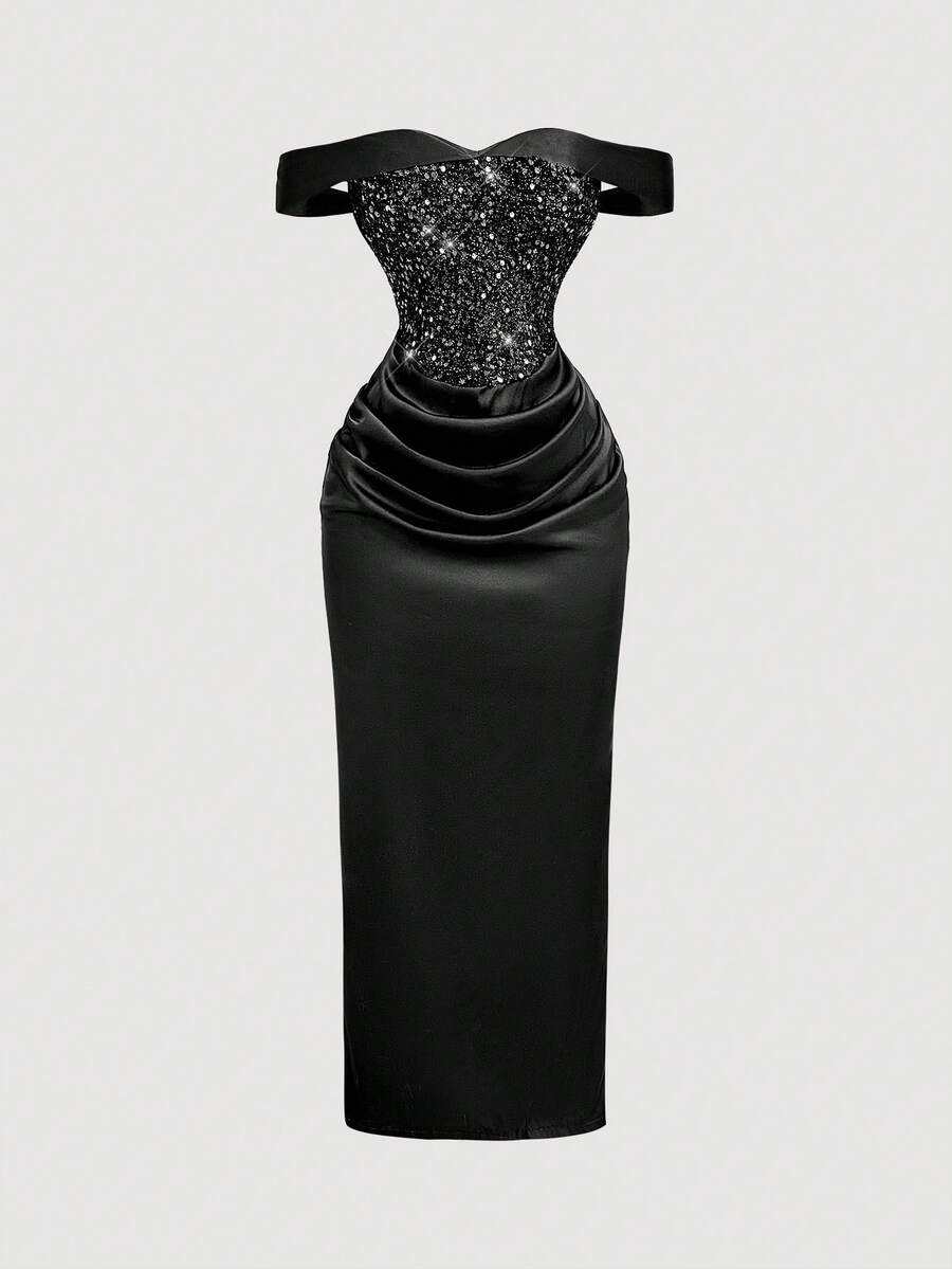SHEIN MOD 香槟色亮片露肩开衩连衣裙 - 黑色 - 查看 1