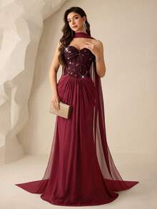 Coutiva Women's Sequin Patchwork Twist Bandeau Flowy Dress - Burgundy - View 3