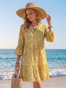 Sylviya 女式满版碎花V领喇叭袖短款度假连衣裙 - 黃色 - 查看 3