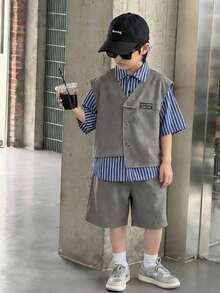 Bộ 3 món cho bé trai/thiếu niên, phong cách thường ngày thoải mái: áo khoác cardigan cổ polo kẻ sọc, áo vest không tay và quần short màu trơn. - Nhiều màu - Xem 1