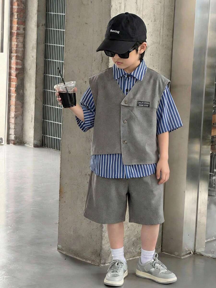 Bộ 3 món cho bé trai/thiếu niên, phong cách thường ngày thoải mái: áo khoác cardigan cổ polo kẻ sọc, áo vest không tay và quần short màu trơn. - Nhiều màu - Xem 1