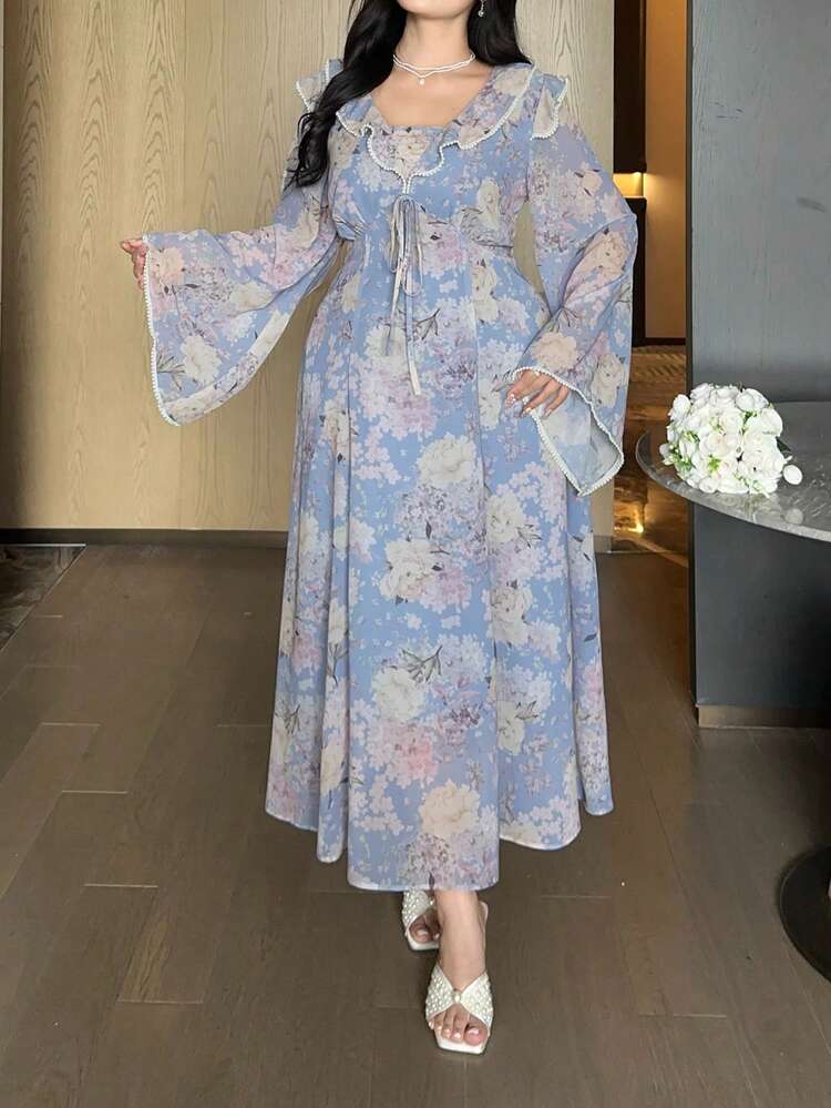 Dazy Plus Plus Size Women Floral Print Patchwork Ruffle Trim Tie Front Flare Sleeve Elegant Dress Boho Sun Dresses For Women