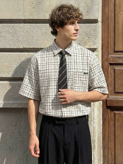 SWAVVY Męska koszula w kratę, jednorzędowa, z krótkim rękawem i kieszeniami