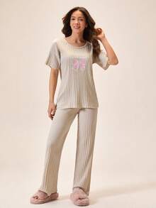Cotton Line Women Bow Pattern Cute Comfy 2Pcs Pajama Set - Beige - View 3