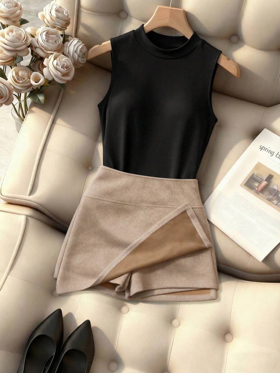 Franclia 时尚高领无袖修身背心搭配时尚麂皮高腰修身A字裙（侧开衩），女士春秋季两件套 - 黑色 - 查看 1