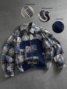 PAVTROS Camisa Xadrez Vintage Masculina, Folgada, Grunge, Manga Longa, Streetwear Camisa Boxy de Manga Longa com Zíper na Frente, Reinterpretação Retrô, Padrão Xadrez Clássico e Desgastado, Acentos Numéricos Minimalistas, Marcante e Moderno, Fusão de Estilos Contemporâneos e Vintage, Adequado para Casual, Streetwear, Outdoor, Festas Temáticas, Looks de Moda, Presentes de Férias, Presentes para Namorado/Marido - Azul Marinho - Visão 3